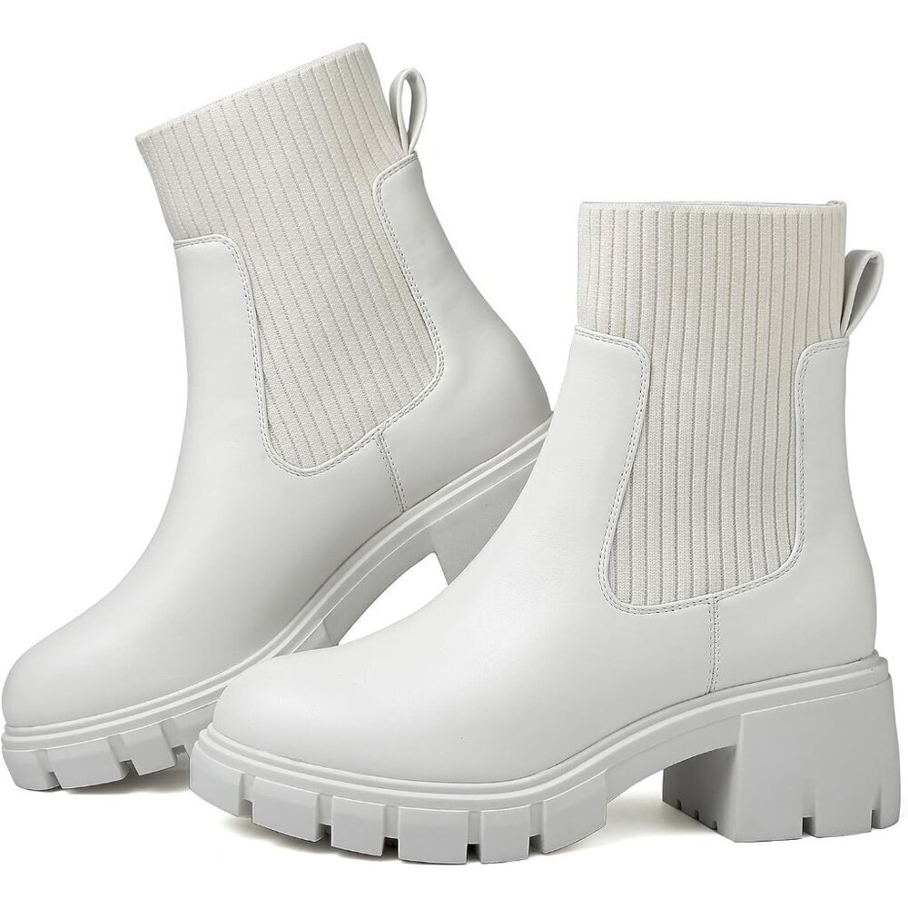 Women's Chelsea Platform White-pm Ankle Boots Stylish Comfortable Slip On Shoes